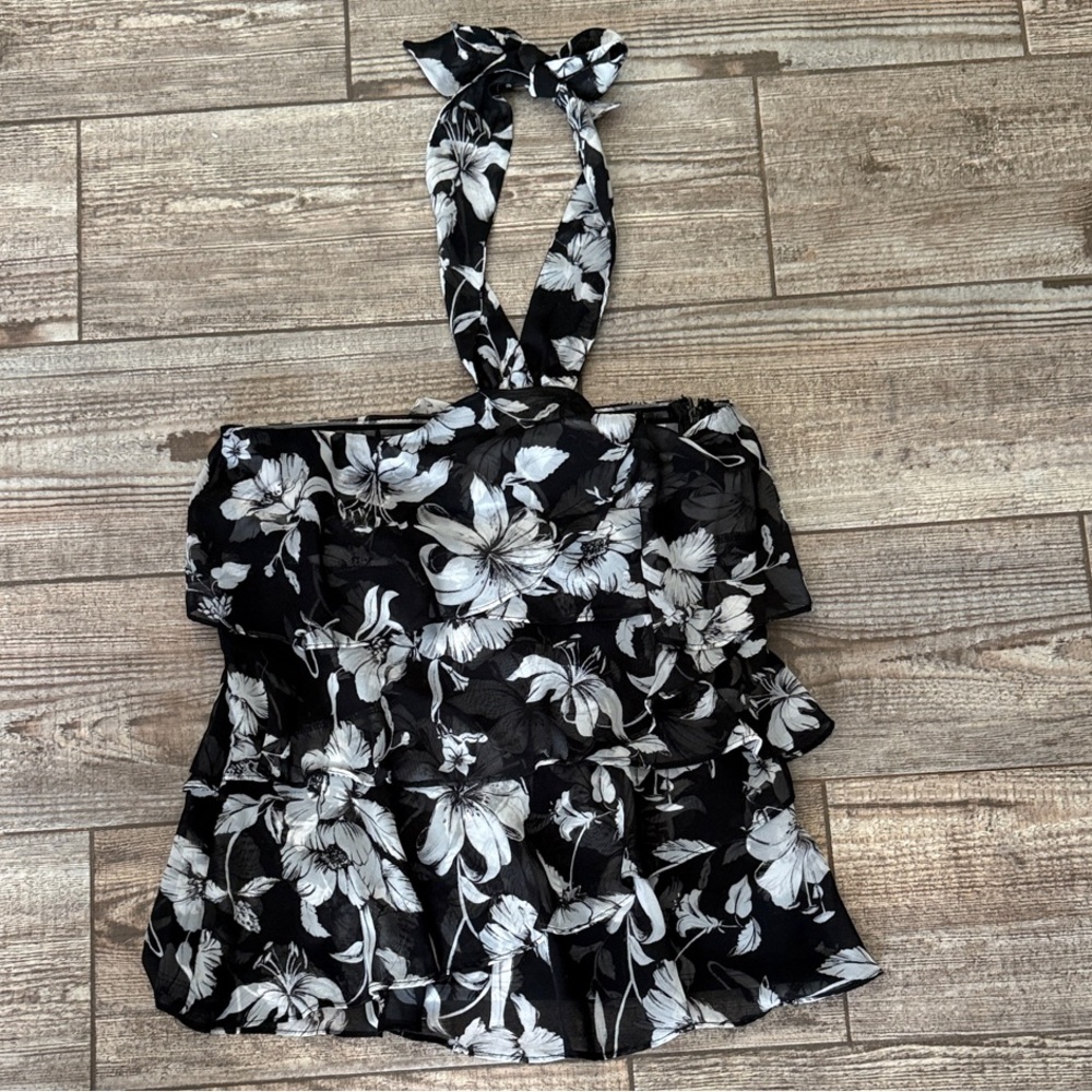 White House Black Market Floral Halter Ruffle Top